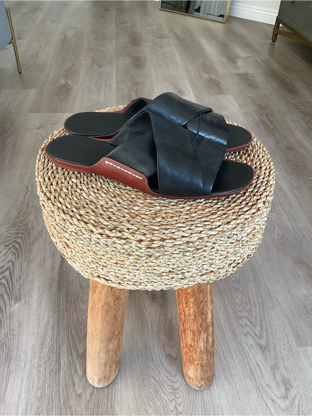 Vince black leather sandals with brown sole